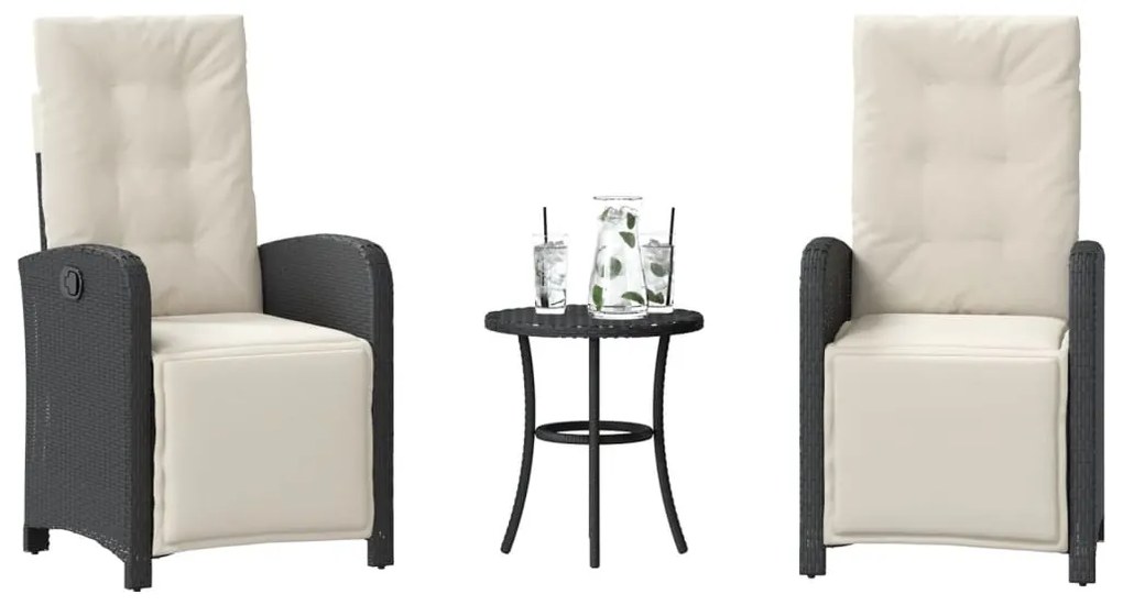 365200 vidaXL Бистро комплект с възглавници 3 части черен полиратан