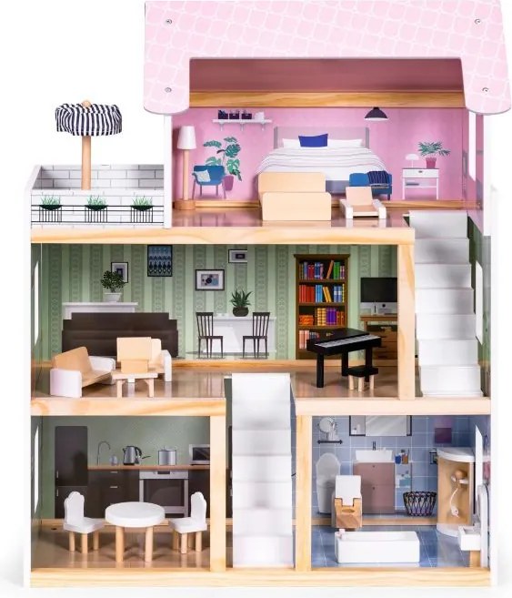 Многоетажна дървена къща за кукли с мебели