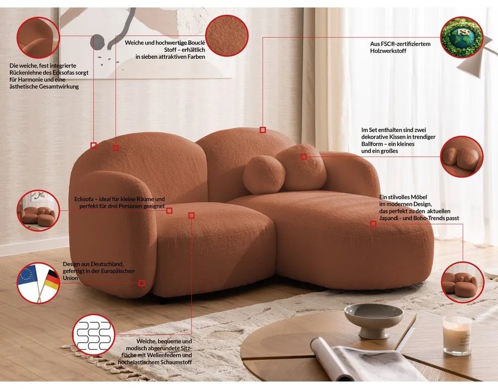 Теракотен ъглов диван от букле (десен ъгъл) Orbit – Ropez