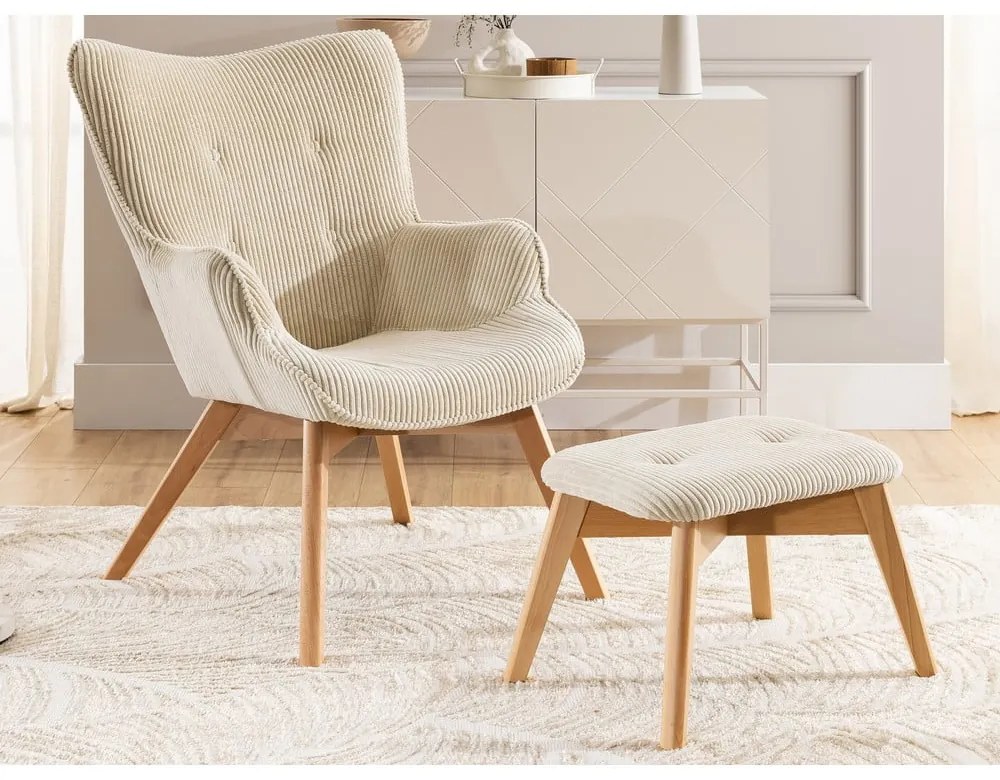 Бежов фотьойл с табуретка от рипсено кадифе Niko – Ropez