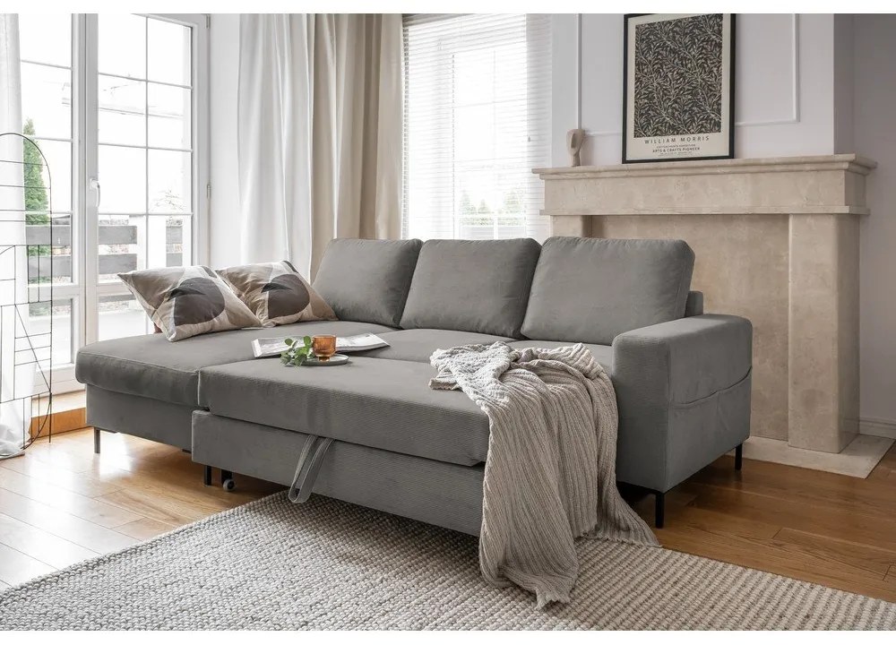 Сив разтегателен ъглов диван от рипсено кадифе (ляв ъгъл) Lofty Lilly – Miuform