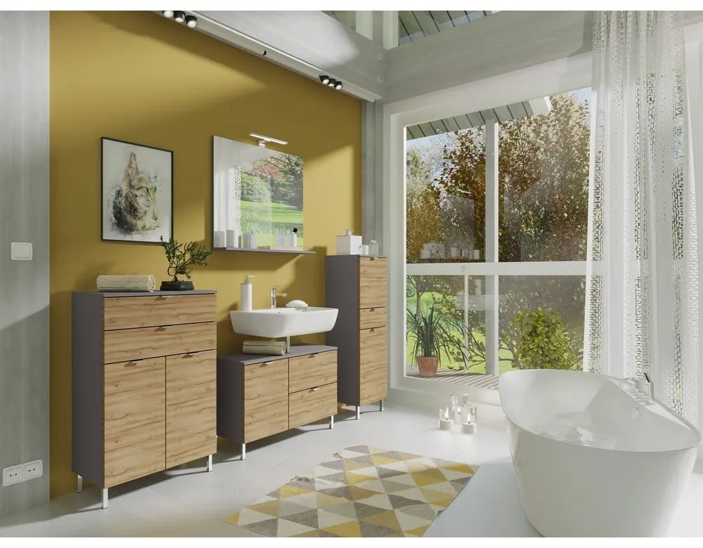 Сив висок шкаф за баня в дъбов декор 34x120 cm Mauresa - Germania