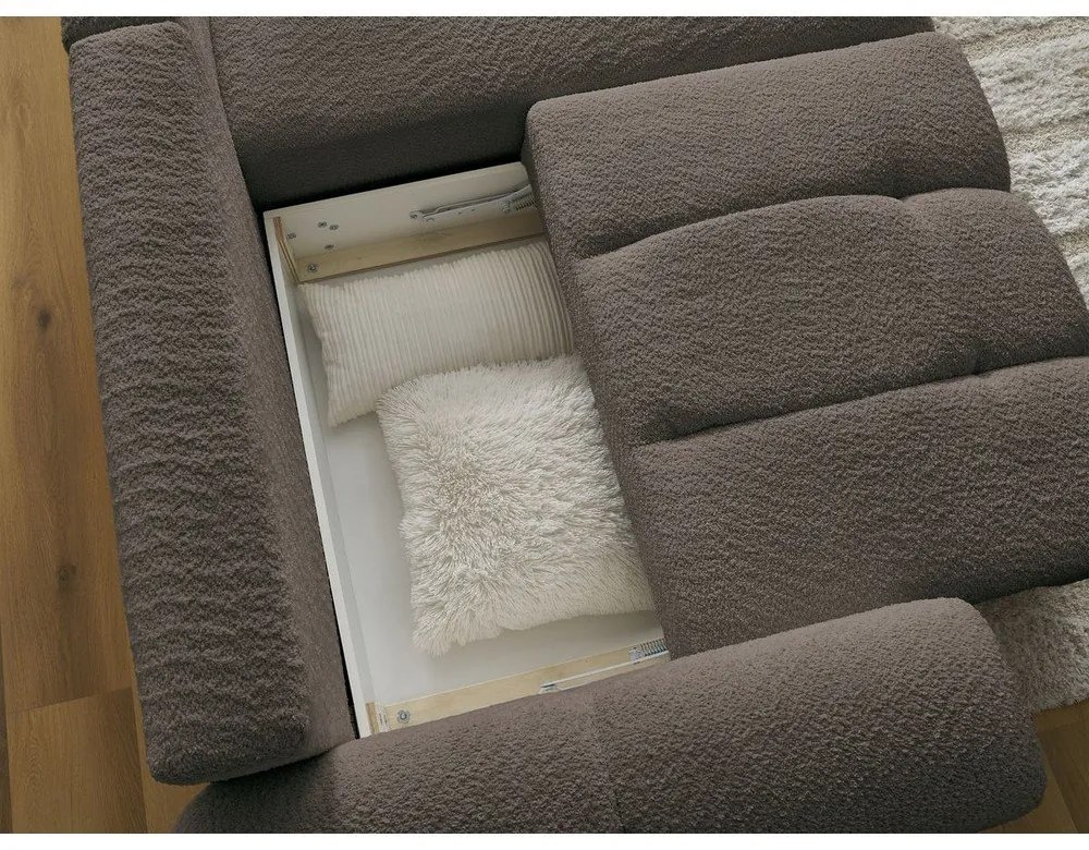 Кафяв сгъваем/с място за съхранение ъглов диван от прежда с примки от букле (десен ъгъл) Roxelane – Bobochic Paris