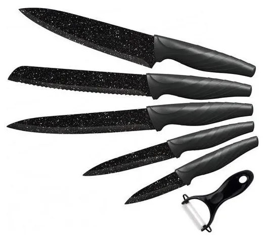 Комплект кухненски ножове 5 бр. + белачка, мрамор/черен