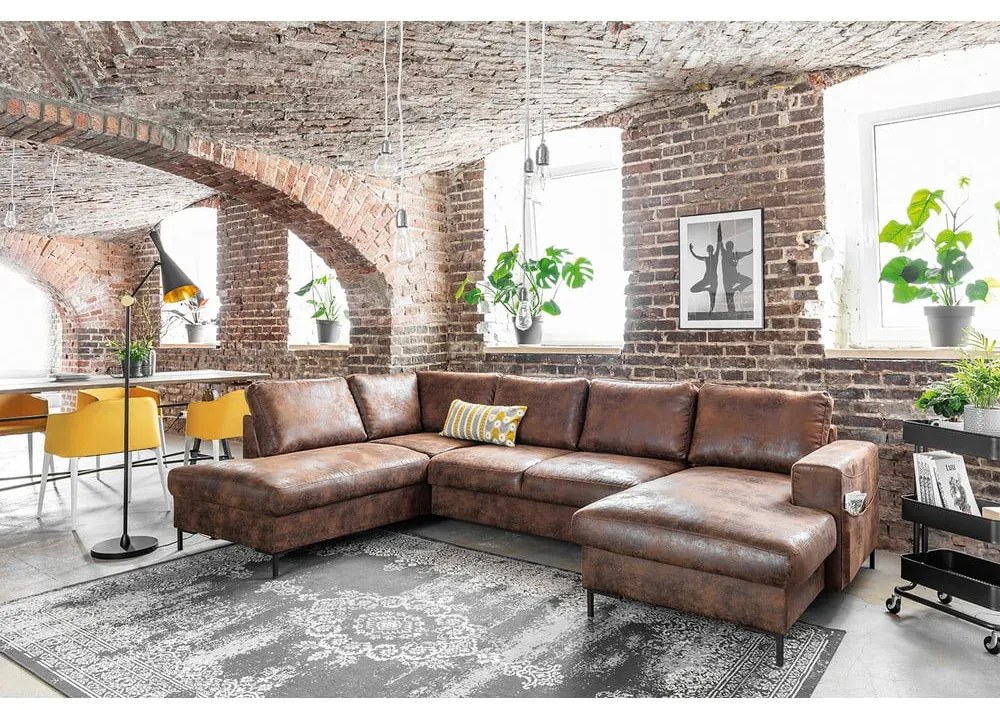 Кафяв U-образен разтегателен диван с имитация на кожа Vintage, ляв ъгъл Lofty Lilly - Miuform