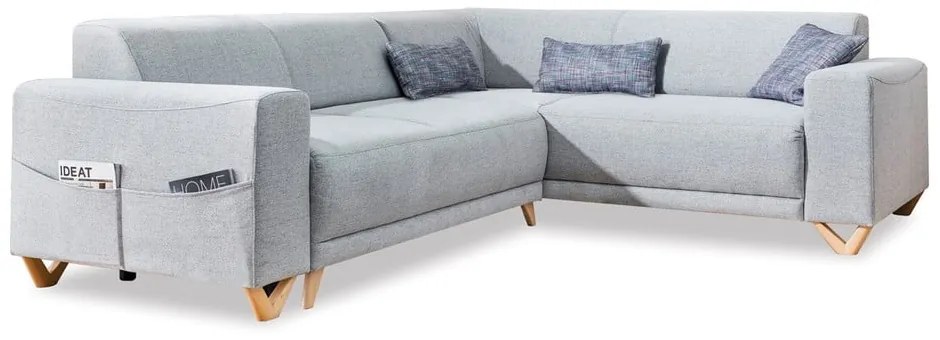 Светлосив разтегателен/с място за съхранение ъглов диван (десен ъгъл/L форма) Classy Sophie – Miuform