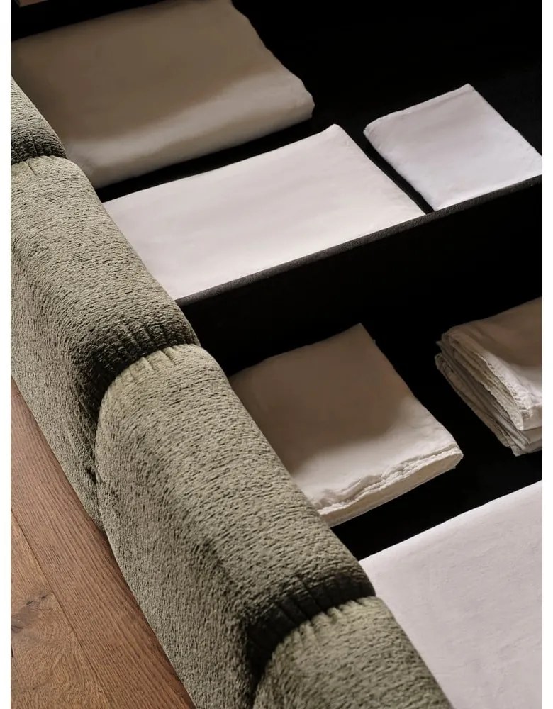 Зелено тапицирано двойно легло с място за съхранение с включена подматрачна рамка 200x200 cm Lupine – Micadoni Home