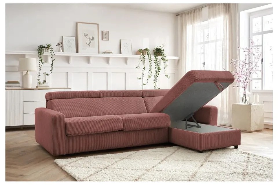 Розов разтегателен ъглов диван от рипсено кадифе (променлив) Monaco – Bobochic Paris