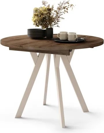 АЛМО Елегантен Орех/бежови крака - КРЪГЛА РАЗТЕГАТЕЛНА МАСА С Y-ОБРАЗНИ КРАКА В ЛОФТ/ИНДУСТРИАЛЕН СТИЛ ЗА ХОЛ ИЛИ ТРАПЕЗАРИЯ