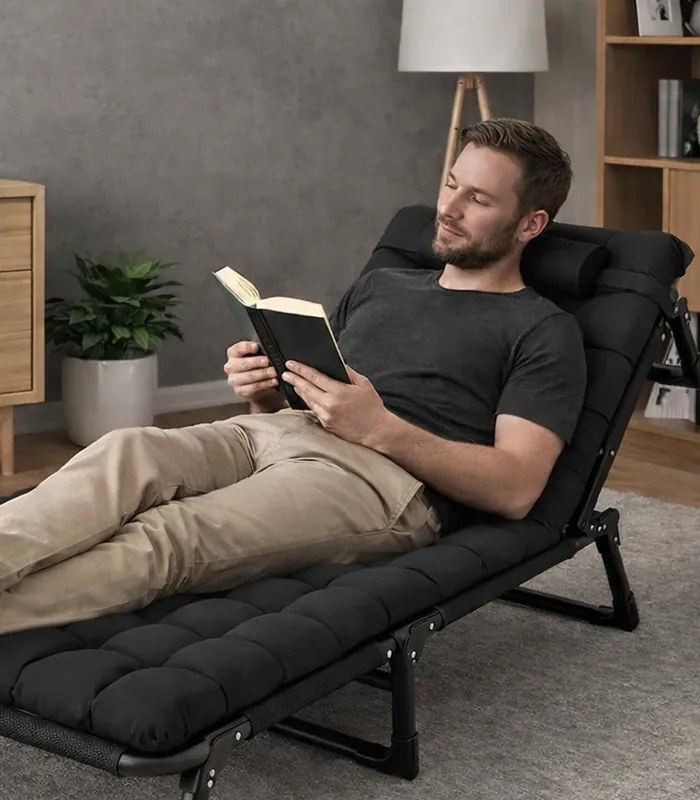 Черно туристическо легло, къмпинг шезлонг 180 см с възглавница и облегалка за глава