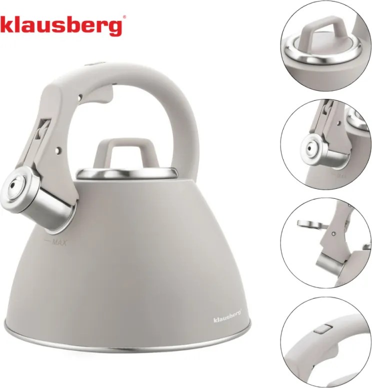 Свирещ чайник Klausberg KB 7953, 2.5 л, Неръждаема стомана, Топлоизолирана дръжка, Индукция, Бежов