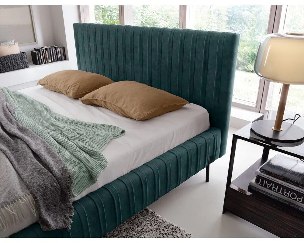 Двойно легло тапицирано с място за съхранение и включена подматрачна рамка в петролен цвят 140x200 cm Plissa – ELTAP