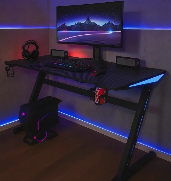 Геймърска маса с RGB LED подсветка черна Ширина: 60 см | Дължина: 140 см