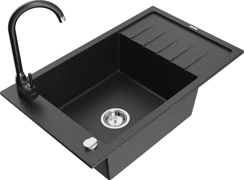 Mexen Elias гранитна мивка с 1 отделение и отцедник с кухненски смесител Telma, черен/сребърен - 6511-73-670200-70