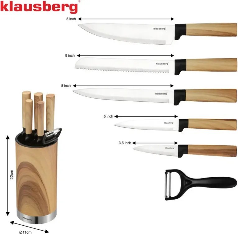 Комплект кухненски ножове Klausberg KB 9036, 7 ч, Неръждаема стомана, Дървесен ефект, Стойка, Кафяв