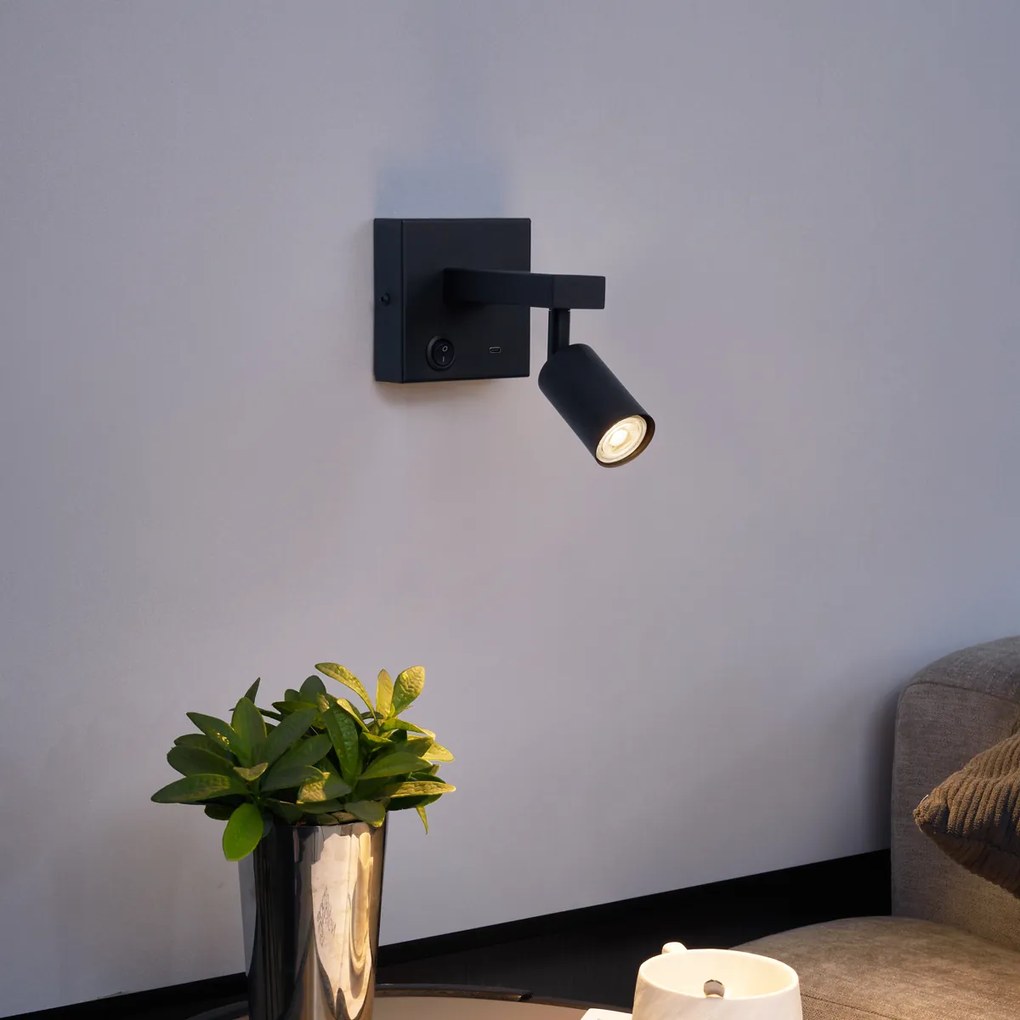 Модерна черна стенна лампа с USB-C, накланяща се - Rex