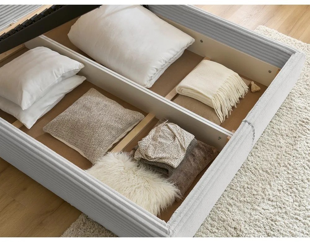 Светлосиво двойно тапицирано легло с място за съхранение с включена подматрачна рамка 160x200 cm Jade – Bobochic Paris