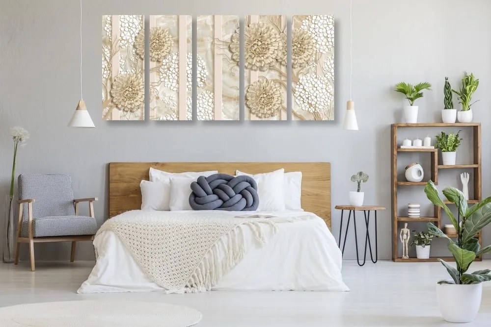 картини от 5 части – Абстрактни цветя на мраморен фон