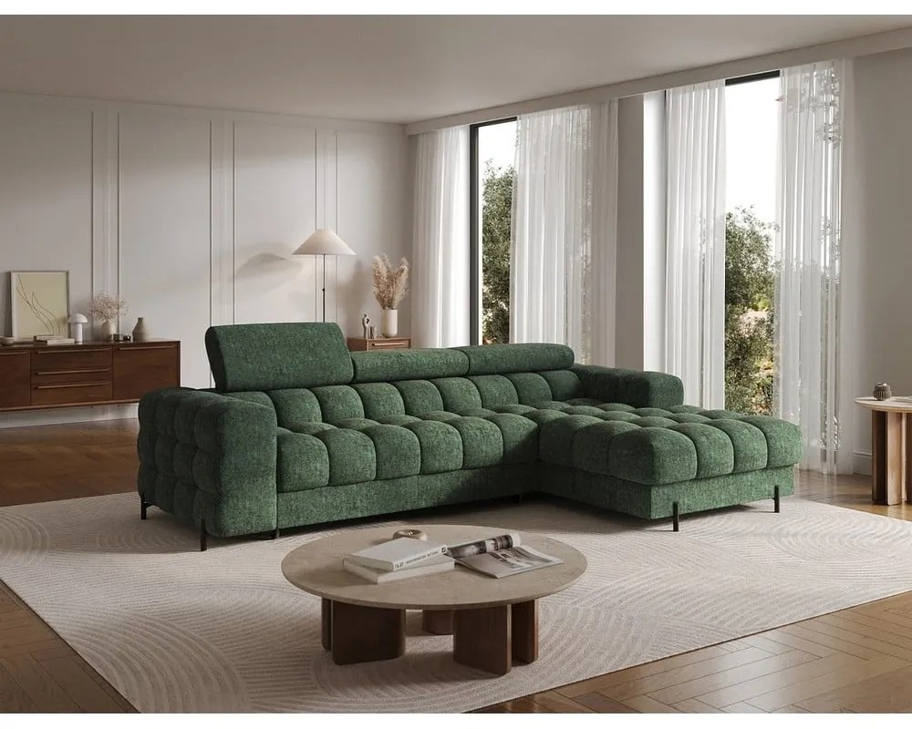 Зелен сгъваем/с място за съхранение ъглов диван от прежда с примки от букле (десен ъгъл) Felro – ELTAP