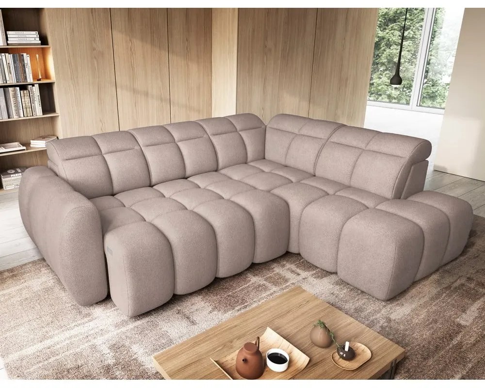 Светлокафяв разтегателен ъглов диван с място за съхранение от букле (десен ъгъл L форма) Falconn – ELTAP