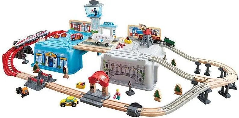 Hape - Комплект дървен влак в кутия, Мегаполис, 80 части