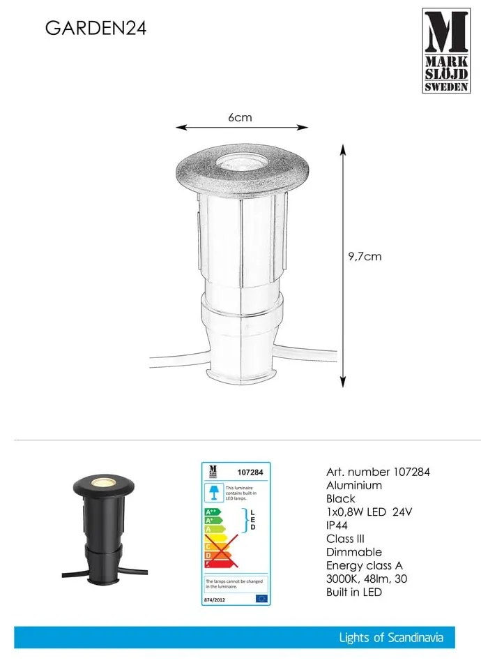 Черно осветително тяло за вграждане Garden 24 Decklight, ø 60 mm - Markslöjd