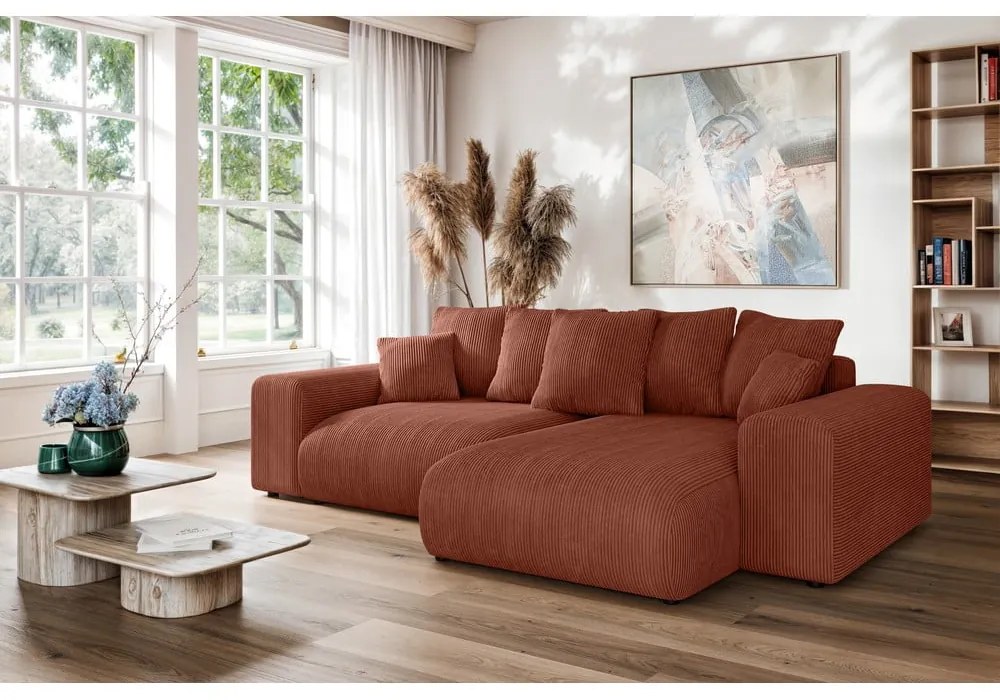 Разтегателен ъглов диван с място за съхранение от рипсено кадифе в тухлен цвят (променлив) Luma – Ropez