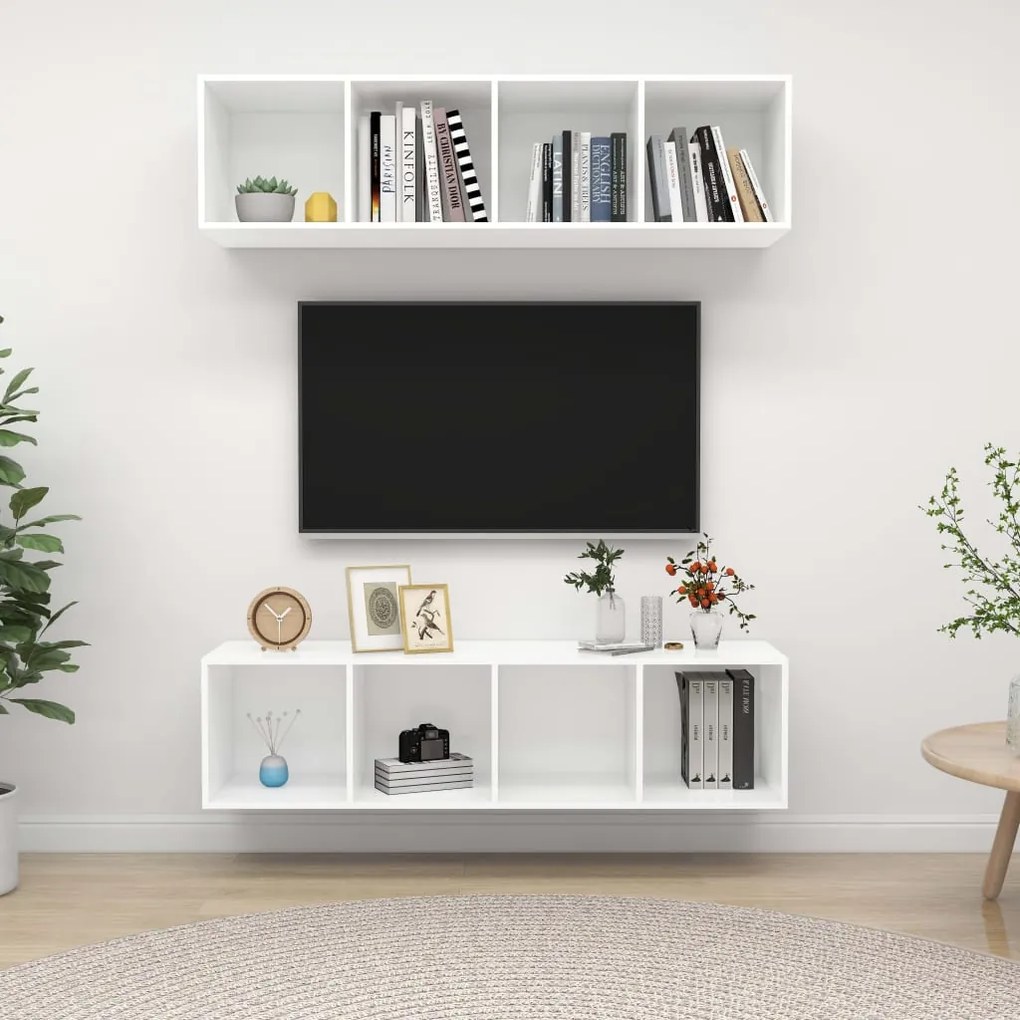 3079781 vidaXL ТВ шкафове за стенен монтаж, 2 бр, бели, инженерно дърво