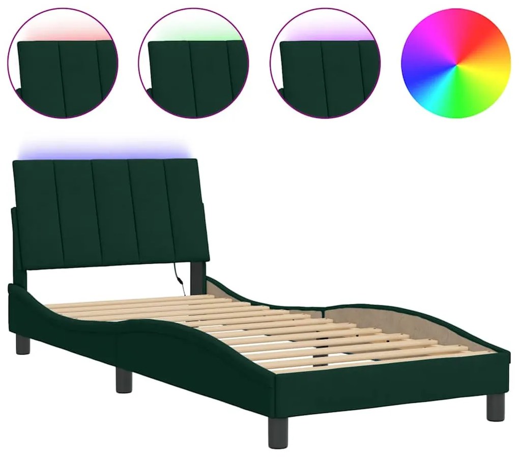 3213754 vidaXL Рамка за легло с LED осветление без матрак Hanko, тъмнозелена, 90x190 см, кадифе
