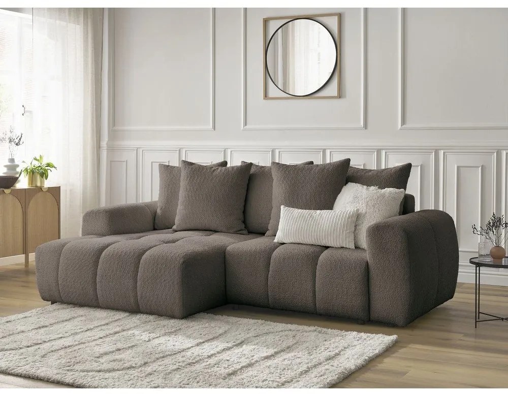 Кафяв разтегателен ъглов диван с място за съхранение от букле (ляв ъгъл) Roxelane – Bobochic Paris