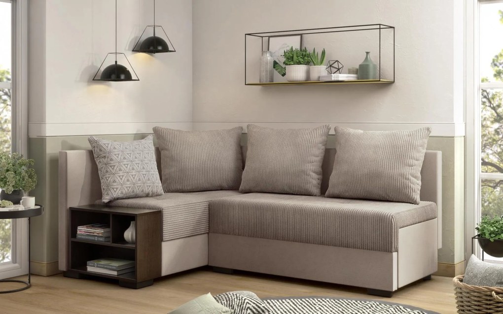 Разтегателен ъглов диван с подлакътник етажерка Верди