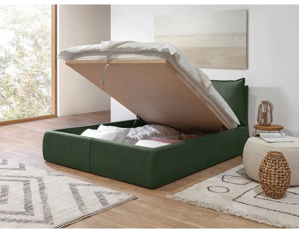 Тъмнозелено двойно тапицирано легло с място за съхранение с включена подматрачна рамка 180x200 cm Garance – Bobochic Paris