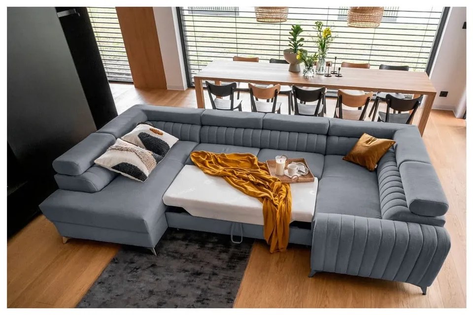 Син разтегателен ъглов диван с място за съхранение (ляв ъгъл U форма) Louis – ELTAP