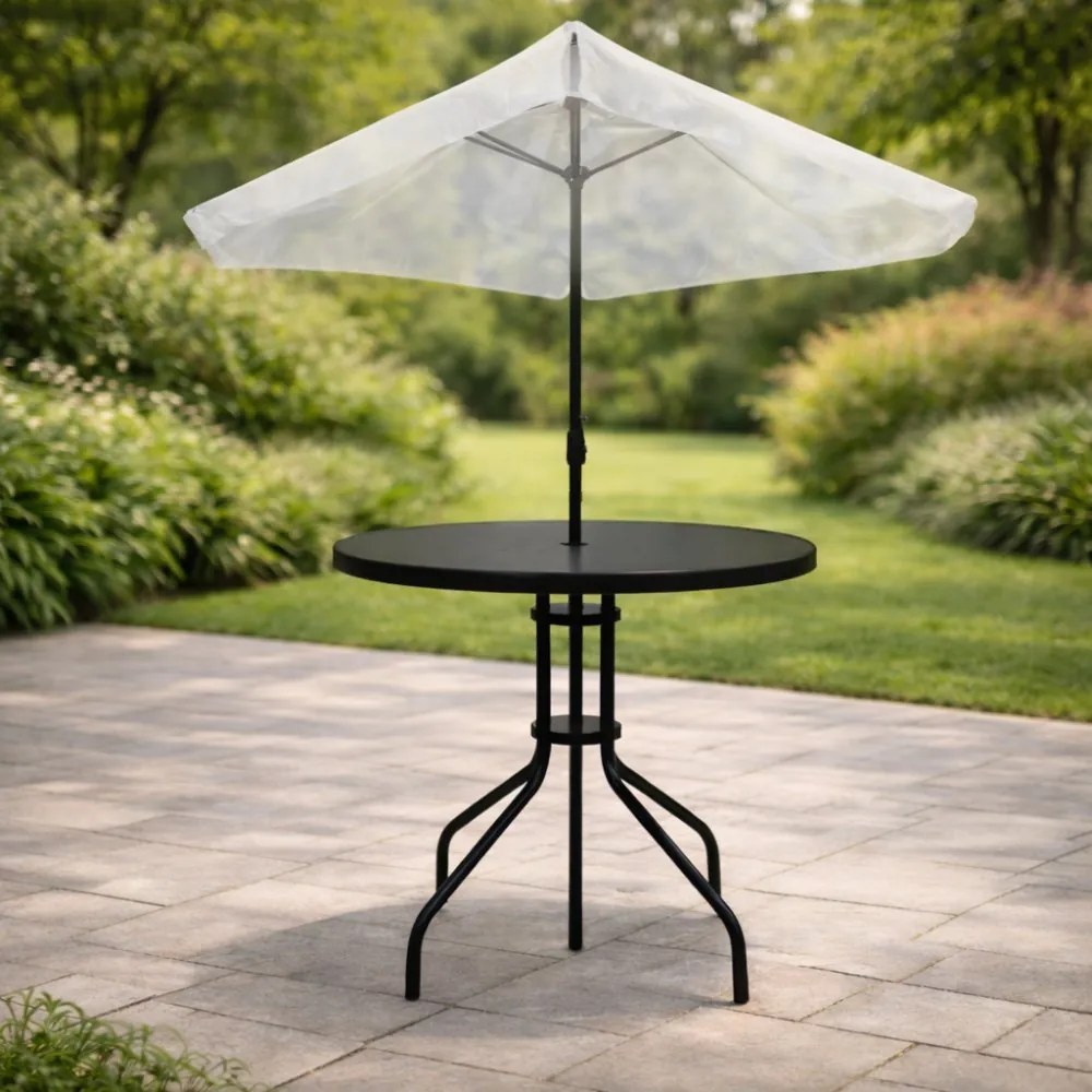 Кръгла градинска маса 80 см с отвор за чадър - черна