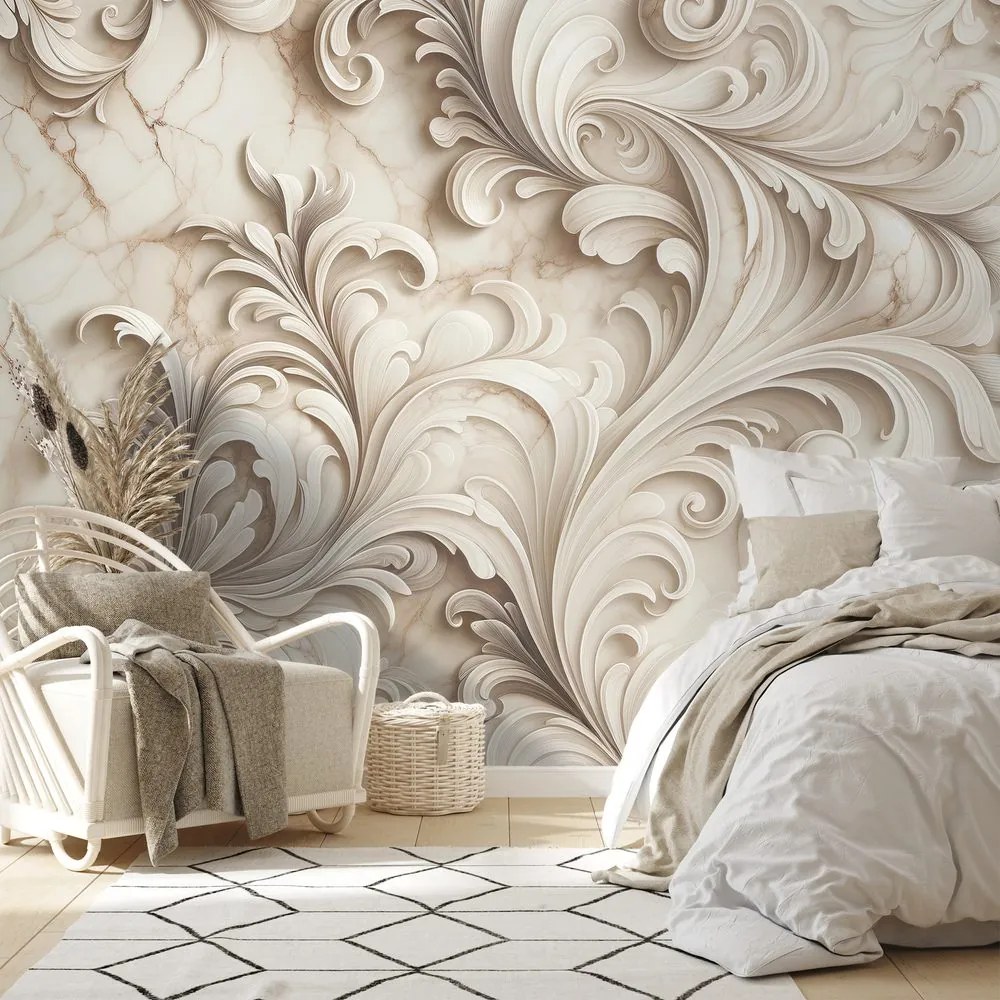 Самозалепващ тапет – Елегантни бежови орнаменти върху мрамор