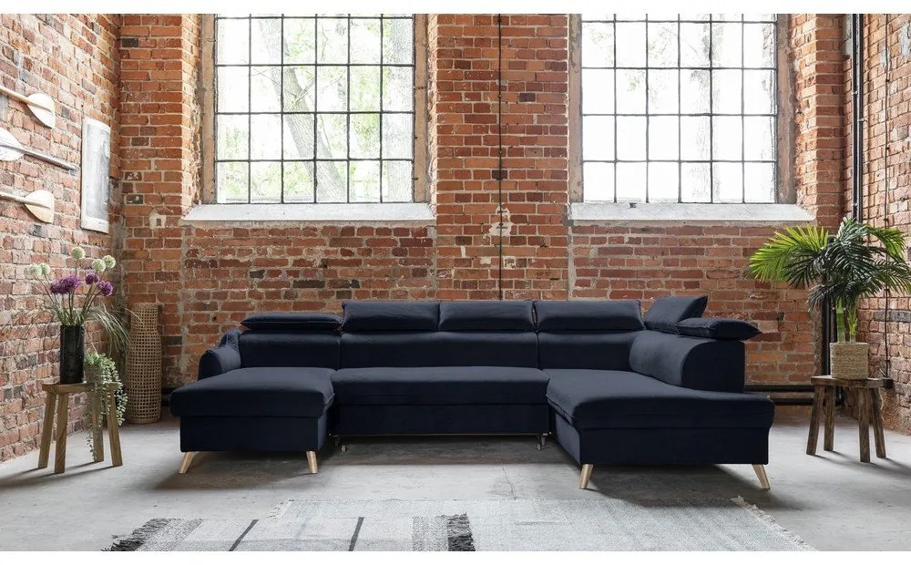 Тъмносин кадифен U-образен ъглов диван (десен ъгъл) Sweet Harmony - Miuform