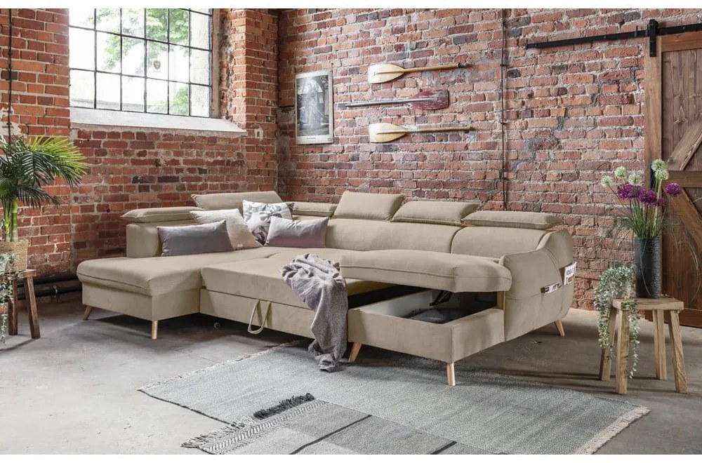 Бежов кадифен ъглов разтегателен диван във формата "U" (ляв ъгъл) Sweet Harmony - Miuform