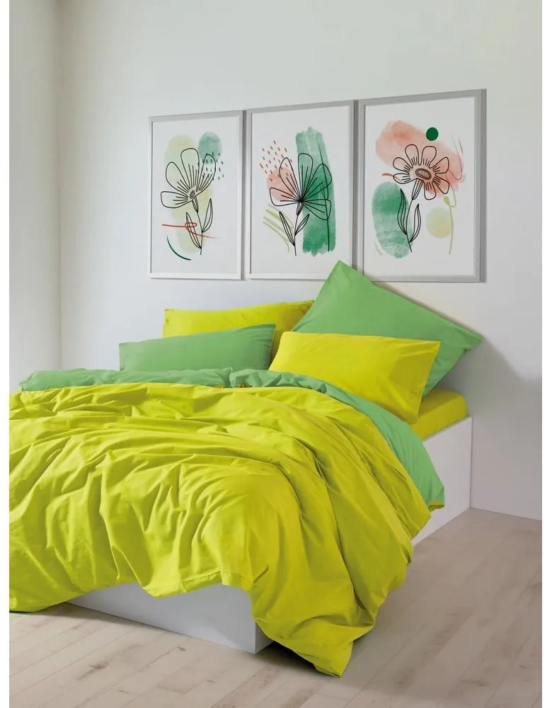 Жълто-зелено двойно удължено спално бельо от памук Renforcé с включен долен чаршаф, 4 части 200x220 cm Sage – Mijolnir