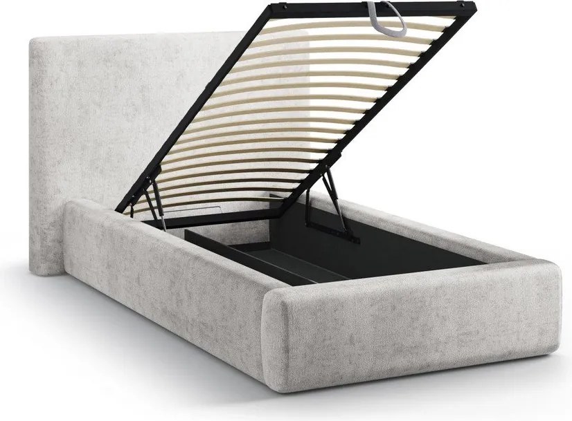 Светлосиво единично легло 90x200 cm тапицирано с място за съхранение с включена подматрачна рамка Amy – Micadoni