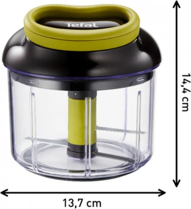 Ръчен чопър с въже Tefal K1320404, 0.9 л, Автоматично прибиране на въжето, 2 стоманени остриета, Заключване на капака, Черен/зелен