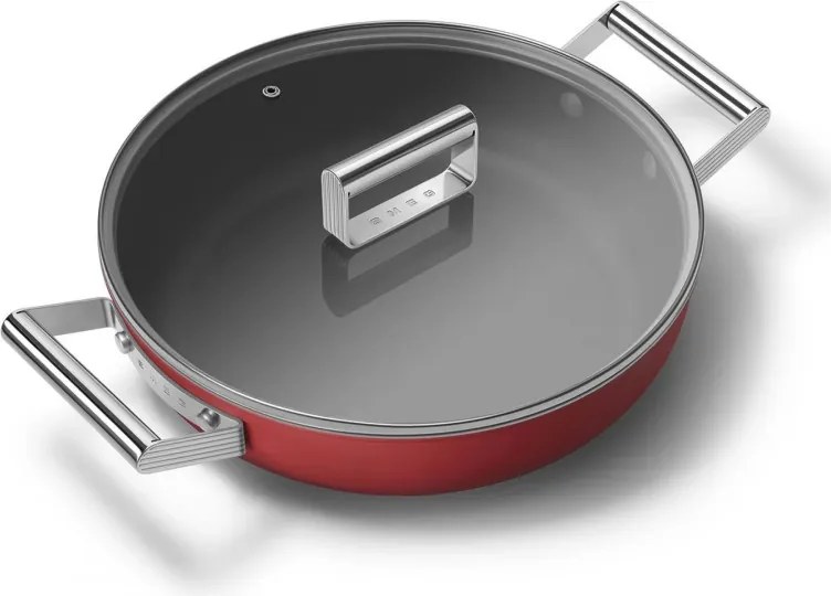 Плитка тенджера с капак Smeg CKFD2811RDM, 28 см, 3.7 л, Незалепващо покритие с 3 слоя, Фурна до 250C, Без PFAS, Индукция, Червен