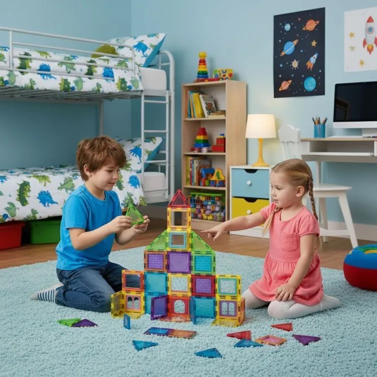 Магнитен комплект за строителство за деца - комплект от 130 части с цветни магнитни кубчета