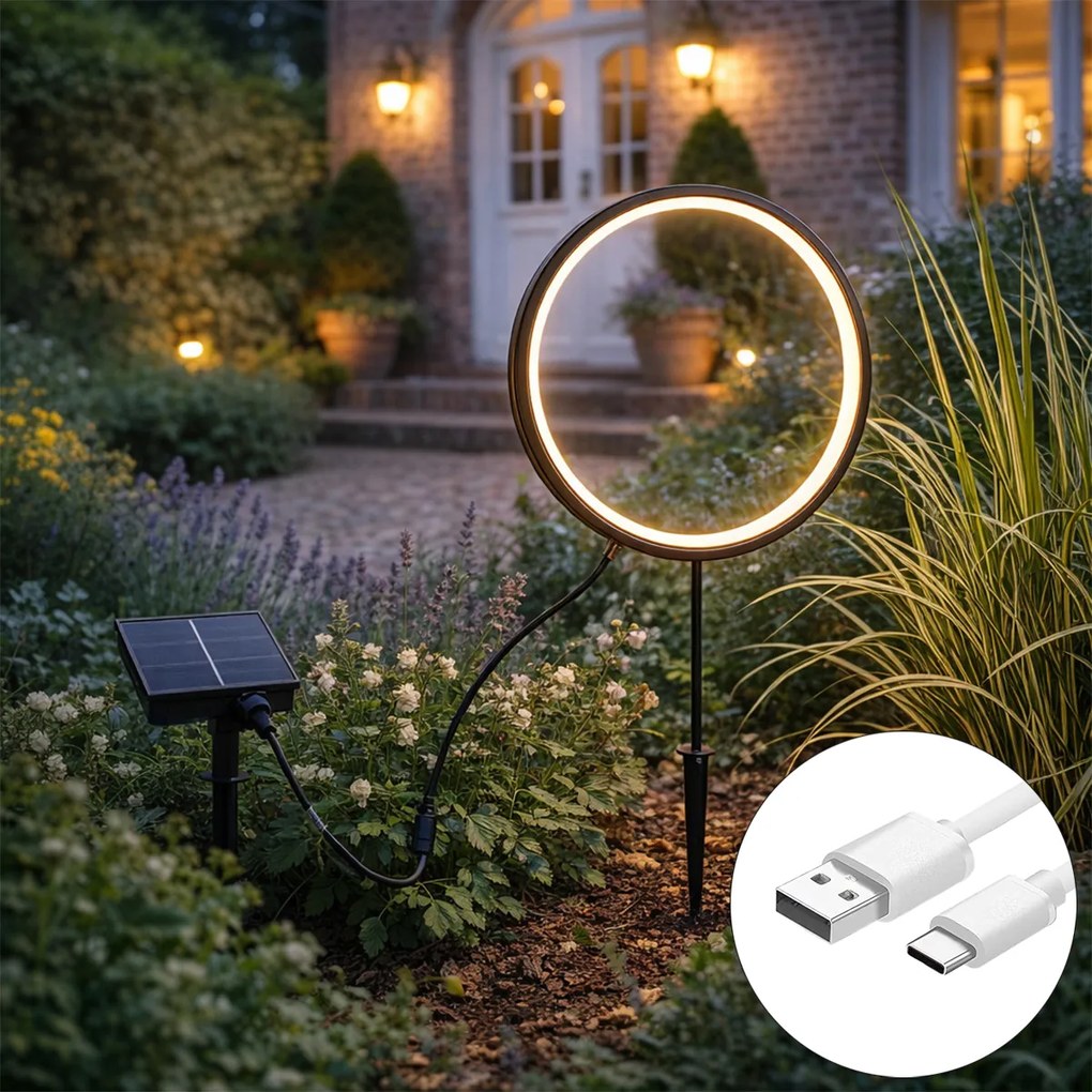 Шпикова лампа черна 50 см с акумулаторна и слънчева LED IP65 - Adalind