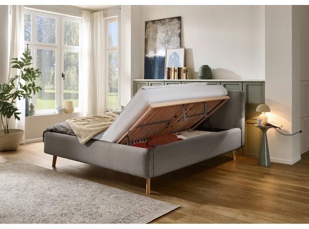 Сиво тапицирано двойно легло с място за съхранение с включена подматрачна рамка 160x200 cm Mattis – Meise Möbel