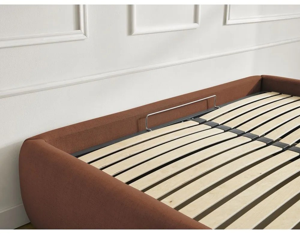 Оранжево тапицирано двойно легло без табла с място за съхранение и включена подматрачна рамка 180x200 cm Inera – Bobochic Paris