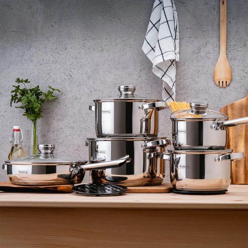 Комплект тенджери и тигани Rosberg R51210L12BM, 12 части, Многослойно дъно, Неръждаема стомана, Сребрист
