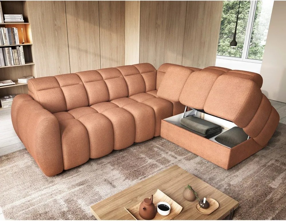 Сгъваем с място за съхранение ъглов диван от букле в цвят сьомга (десен ъгъл L форма) Falconn – ELTAP