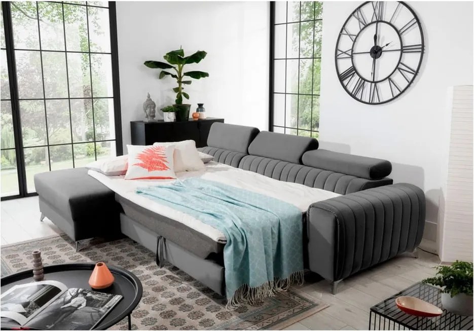 Тъмносив кадифен разтегателен ъглов диван с място за съхранение (ляв ъгъл) Grayson – ELTAP