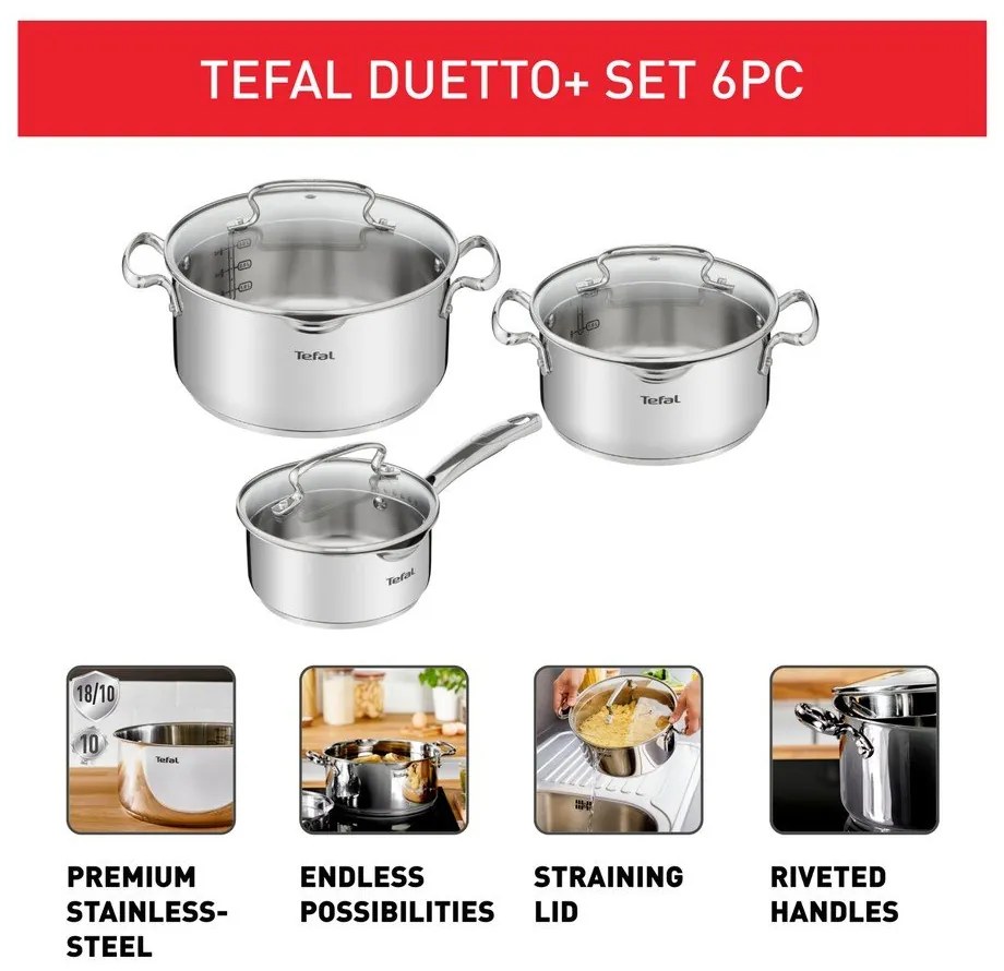 Комплект съдове от неръждаема стомана 6 бр. DUETTO+ G719S655 – Tefal