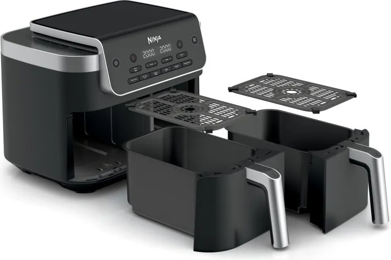 Двоен фритюрник с горещ въздух Ninja Foodi Dual Zone DZ801EU, 2470W, Независими зони за готвене, 7.6 л, 6 програми, 40-240C, Max Crisp, Sync, Сив/Инокс